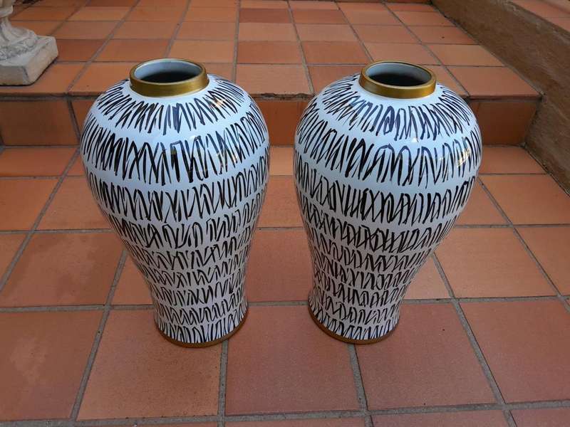 A Pair Of Black / Off White With Gold Rim Large Size Vases