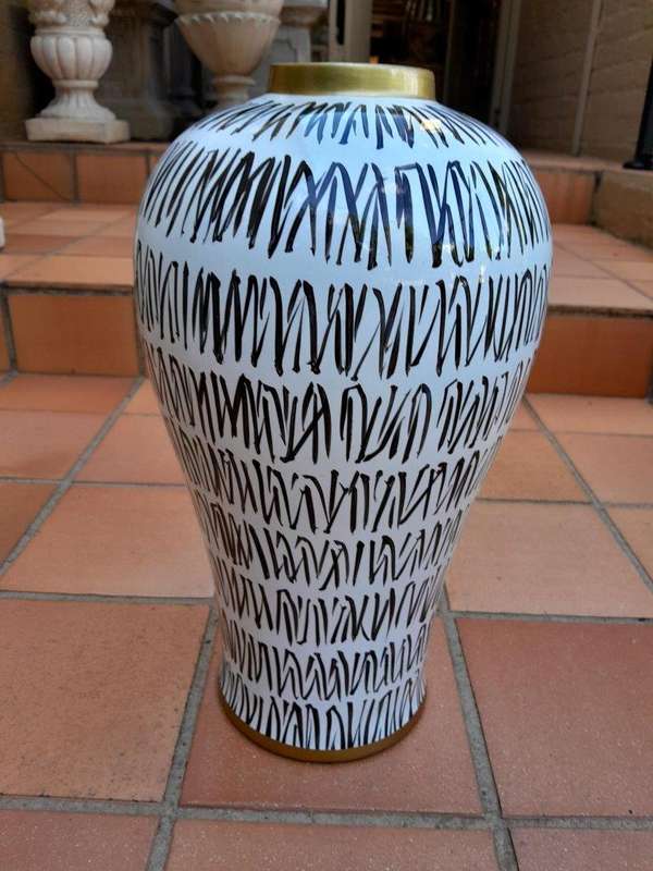 A Pair Of Black / Off White With Gold Rim Large Size Vases