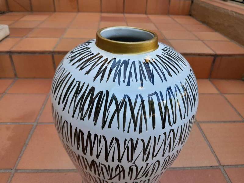 A Pair Of Black / Off White With Gold Rim Large Size Vases