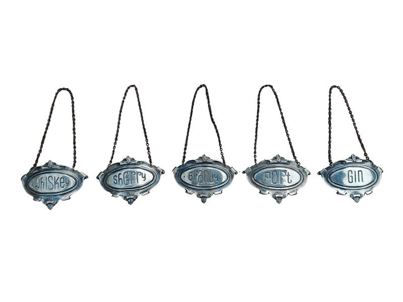 A Mid 20th Century Set of Five Sterling Silver Decanter Labels Brandy Port Sherry Gin Whisky  We...