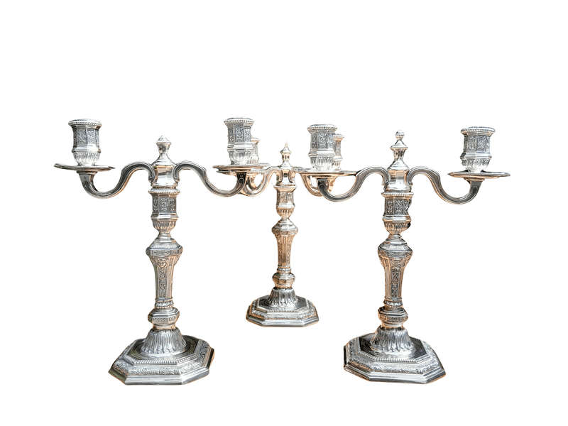 A Set Of Three Christofle Silver Plate Candelabras Comprising A Pair Of Two Arm Candelabras And A...