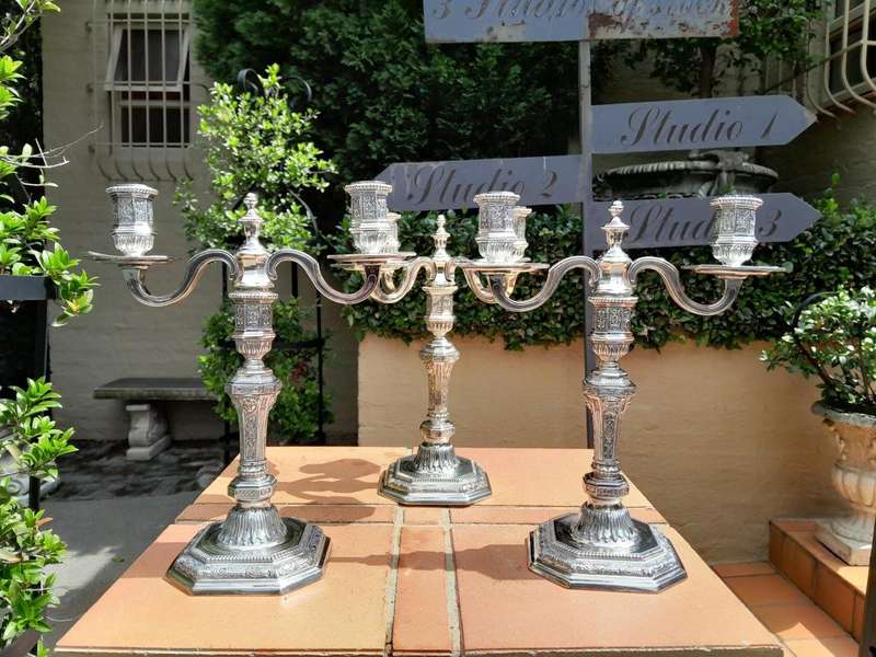 A Set Of Three Christofle Silver Plate Candelabras Comprising A Pair Of Two Arm Candelabras And A...
