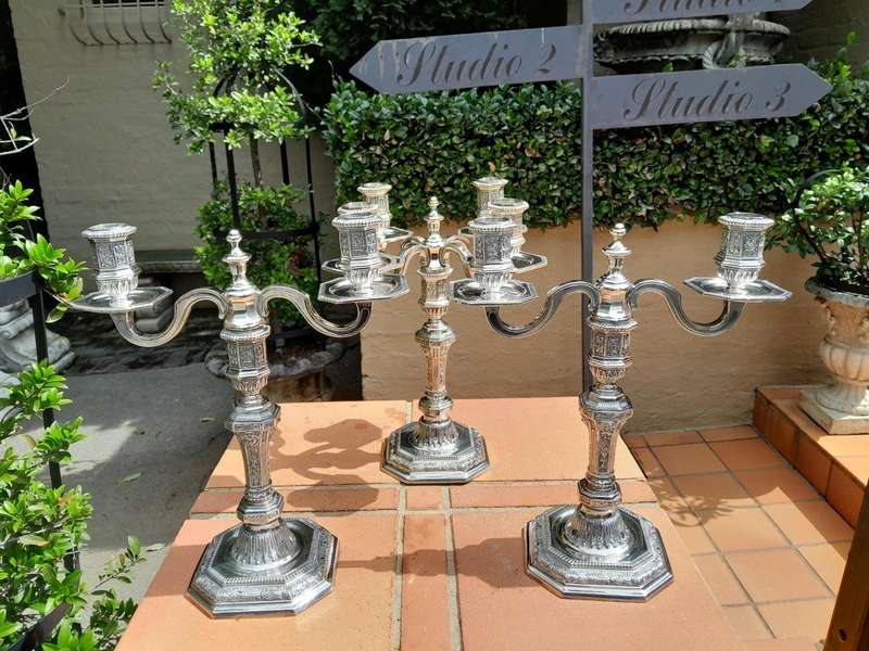 A Set Of Three Christofle Silver Plate Candelabras Comprising A Pair Of Two Arm Candelabras And A...