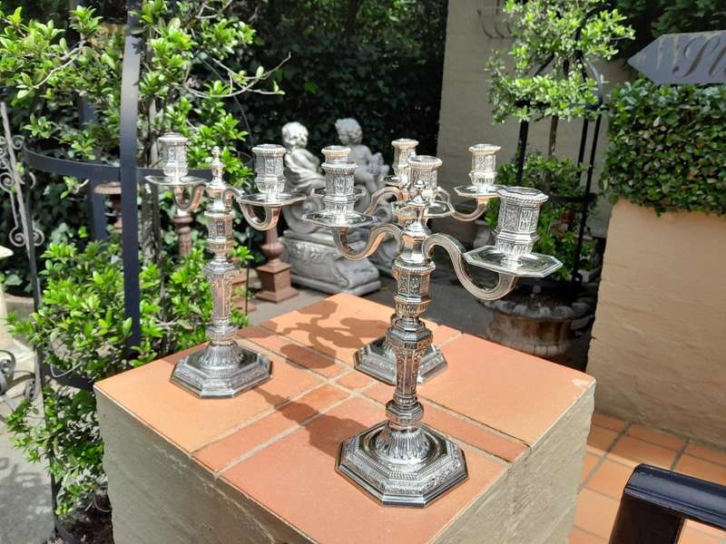 A Set Of Three Christofle Silver Plate Candelabras Comprising A Pair Of Two Arm Candelabras And A...