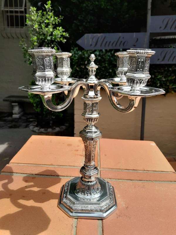A Set Of Three Christofle Silver Plate Candelabras Comprising A Pair Of Two Arm Candelabras And A...