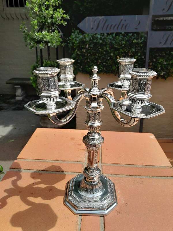 A Set Of Three Christofle Silver Plate Candelabras Comprising A Pair Of Two Arm Candelabras And A...