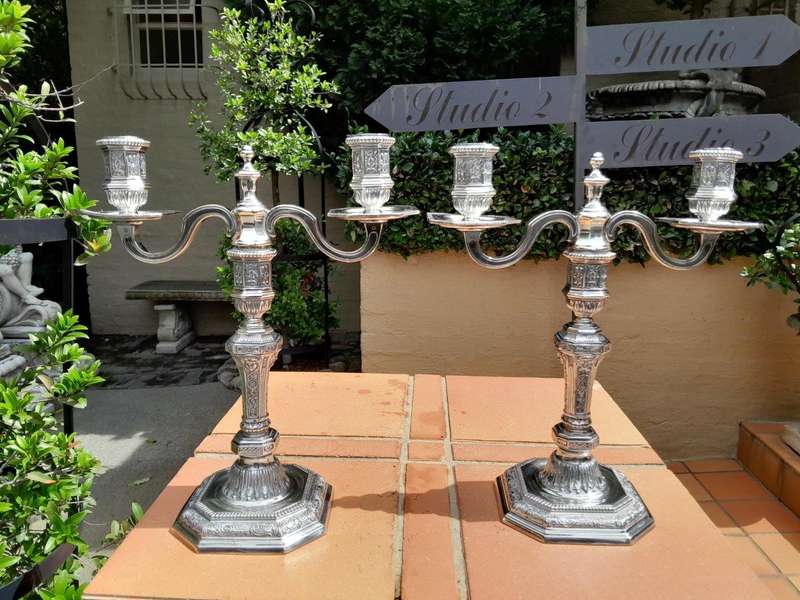 A Set Of Three Christofle Silver Plate Candelabras Comprising A Pair Of Two Arm Candelabras And A...