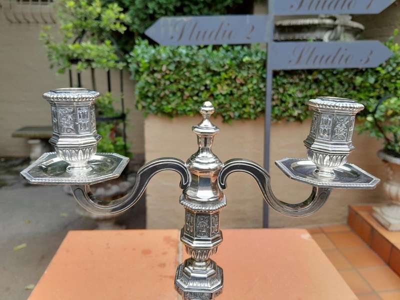 A Set Of Three Christofle Silver Plate Candelabras Comprising A Pair Of Two Arm Candelabras And A...