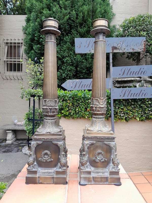 A 20th Century Pair of French Empire Style Large Size Brass Candle Sticks / Holders