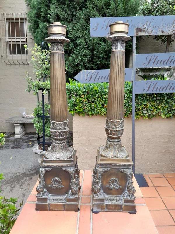 A 20th Century Pair of French Empire Style Large Size Brass Candle Sticks / Holders