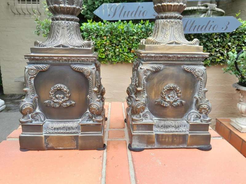 A 20th Century Pair of French Empire Style Large Size Brass Candle Sticks / Holders