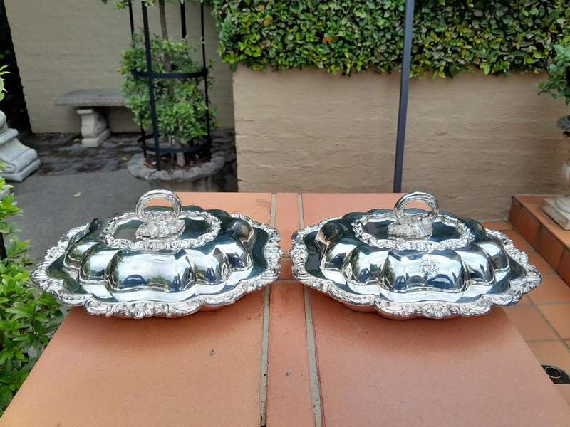 An Antique pair of Georgian Style Silver Plate Entrée Dishes with Lids