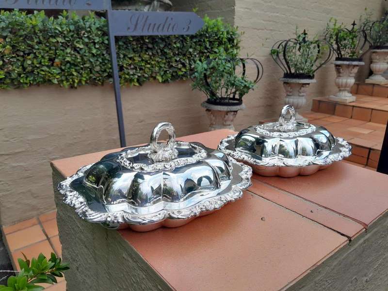 An Antique pair of Georgian Style Silver Plate Entrée Dishes with Lids
