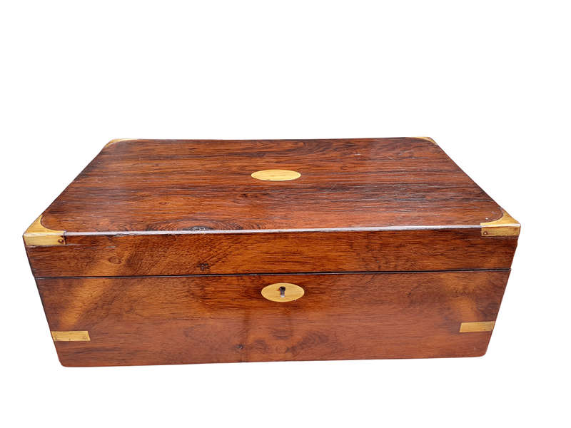An Antique 19th Century Mahogany and Rosewood Writing Slope with Brass Hardware and Tooled Leather