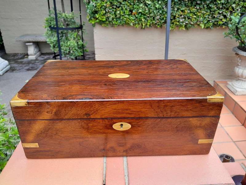 An Antique 19th Century Mahogany and Rosewood Writing Slope with Brass Hardware and Tooled Leather