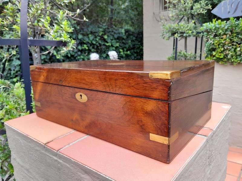 An Antique 19th Century Mahogany and Rosewood Writing Slope with Brass Hardware and Tooled Leather