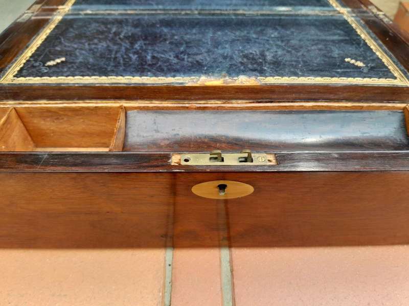 An Antique 19th Century Mahogany and Rosewood Writing Slope with Brass Hardware and Tooled Leather