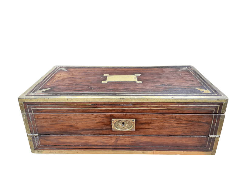 An Antique Victorian Rosewood Writing Slop with Leather Inside and Brass Hardware has Lock and Key