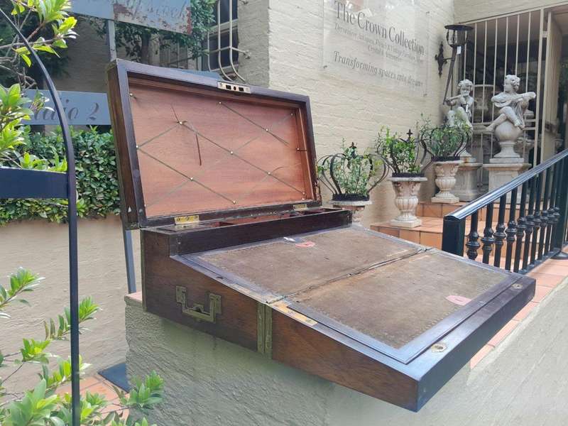 An Antique Victorian Rosewood Writing Slop with Leather Inside and Brass Hardware has Lock and Key