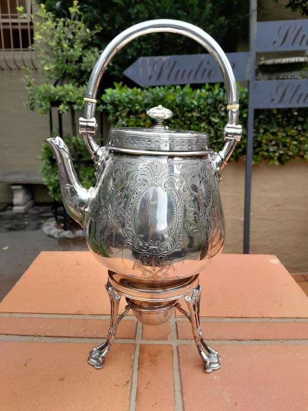An Antique Victorian Silver Plate Tea Kettle on Stand with Burner