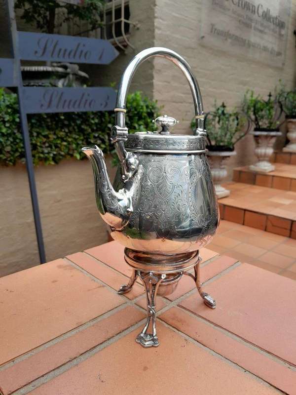 An Antique Victorian Silver Plate Tea Kettle on Stand with Burner