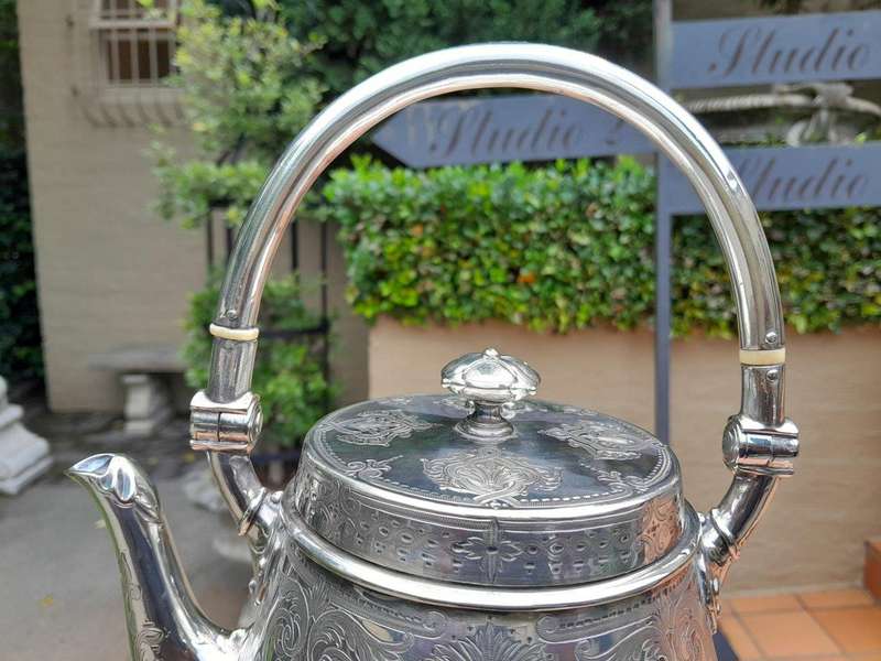 An Antique Victorian Silver Plate Tea Kettle on Stand with Burner