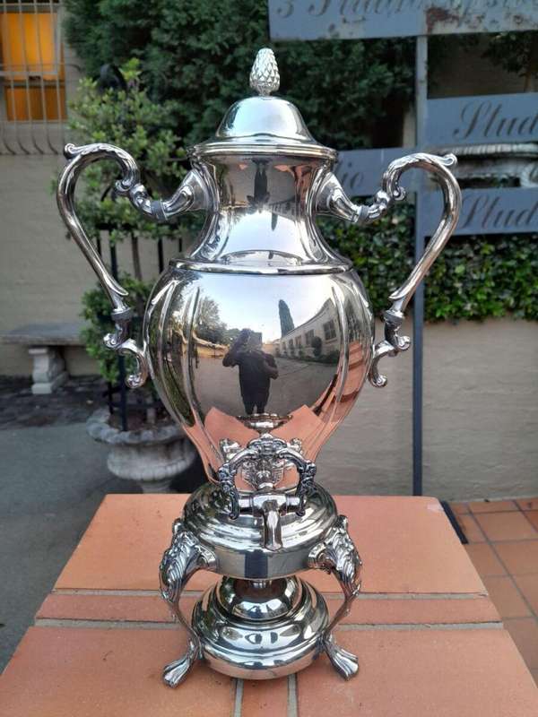 A 20th Century Silver Plate Tea Urn on Stand with Burner