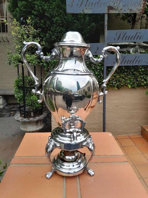 A 20th Century Silver Plate Tea Urn on Stand with Burner