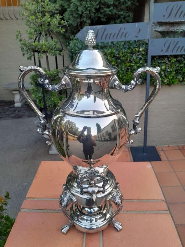 A 20th Century Silver Plate Tea Urn on Stand with Burner