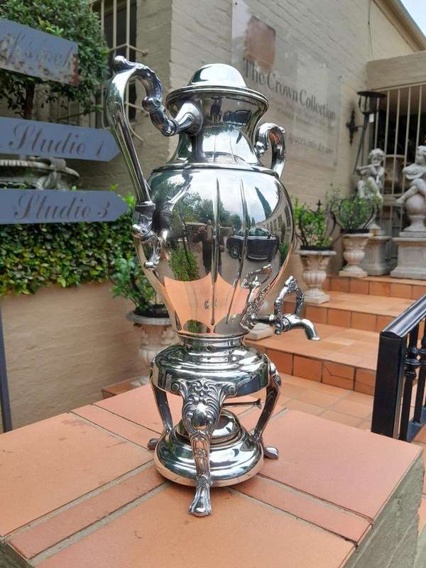 A 20th Century Silver Plate Tea Urn on Stand with Burner