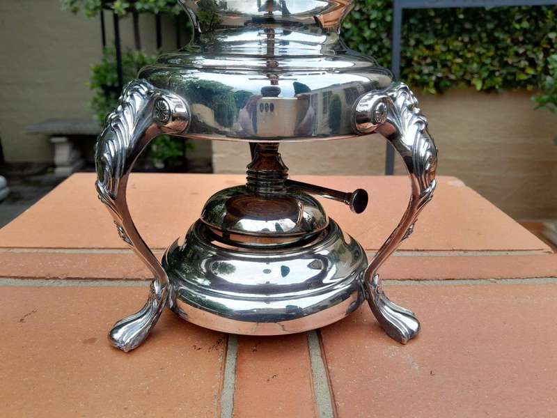 A 20th Century Silver Plate Tea Urn on Stand with Burner
