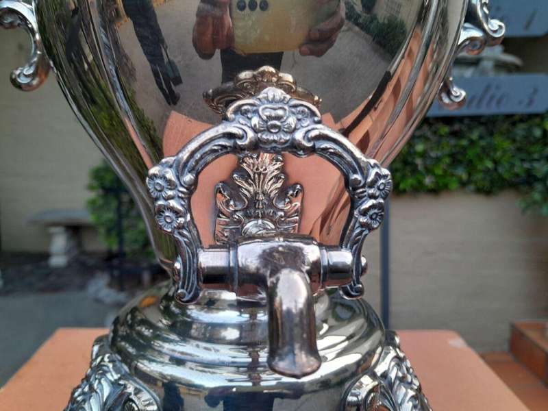 A 20th Century Silver Plate Tea Urn on Stand with Burner