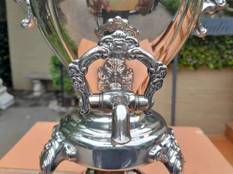 A 20th Century Silver Plate Tea Urn on Stand with Burner