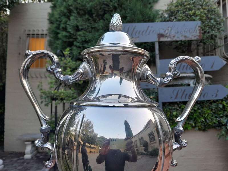 A 20th Century Silver Plate Tea Urn on Stand with Burner