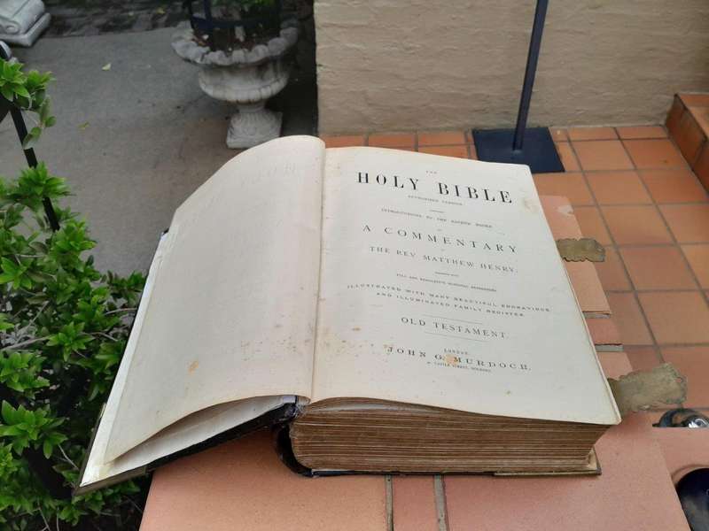 An Antique 19th Century English Leather Bound Bible with Brass Corners
