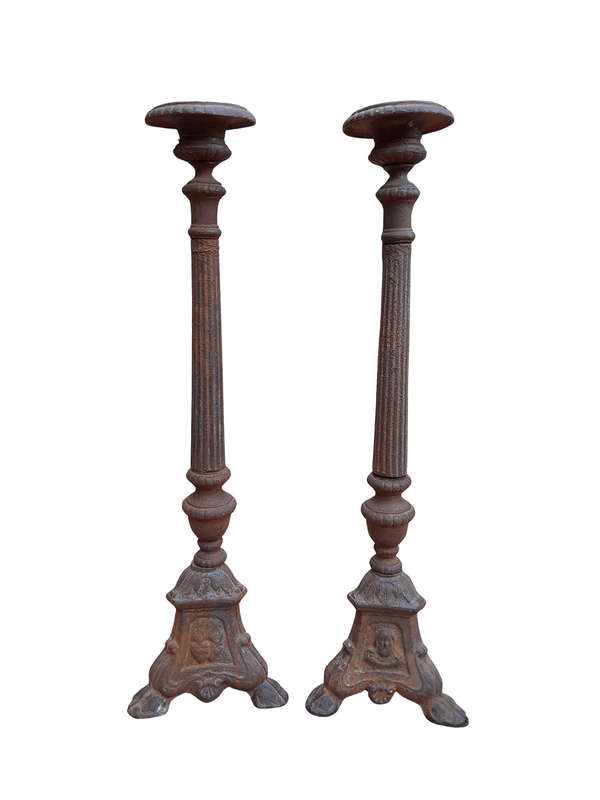 A 20th Century Pair of Cast Iron Candle Holders / Sticks