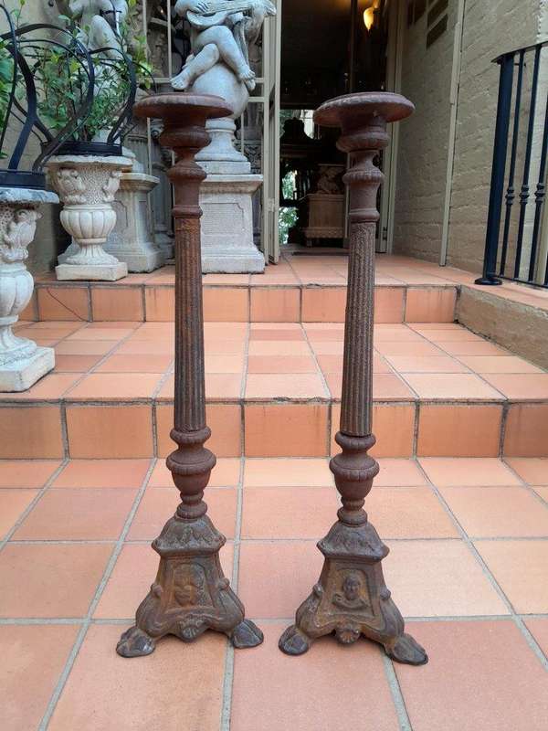 A 20th Century Pair of Cast Iron Candle Holders / Sticks