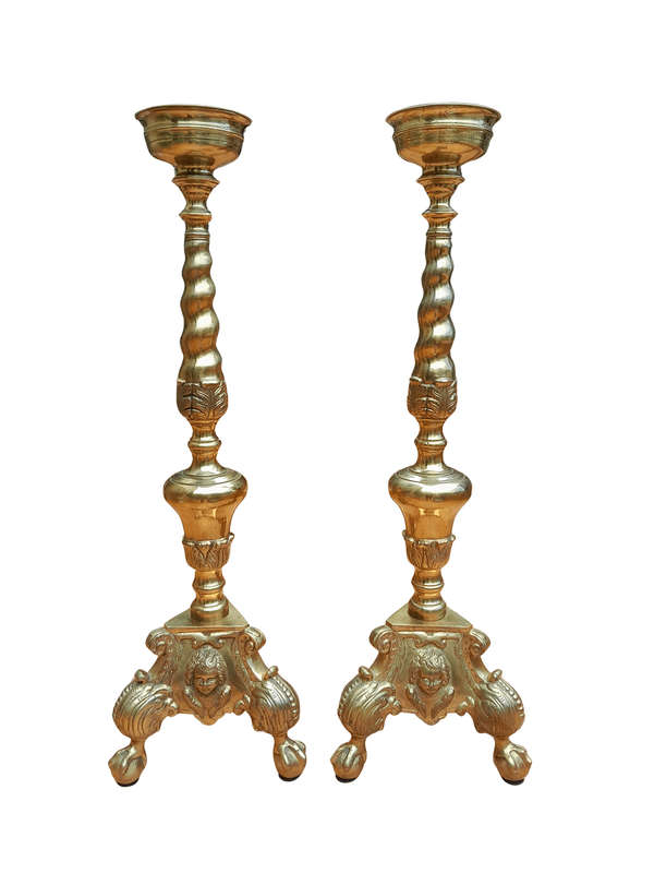 An Antique Rare Pair of 19th Century Style Heavy Brass Candle Holders / Sticks