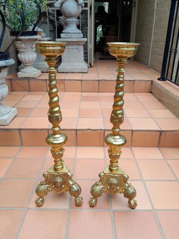 An Antique Rare Pair of 19th Century Style Heavy Brass Candle Holders / Sticks