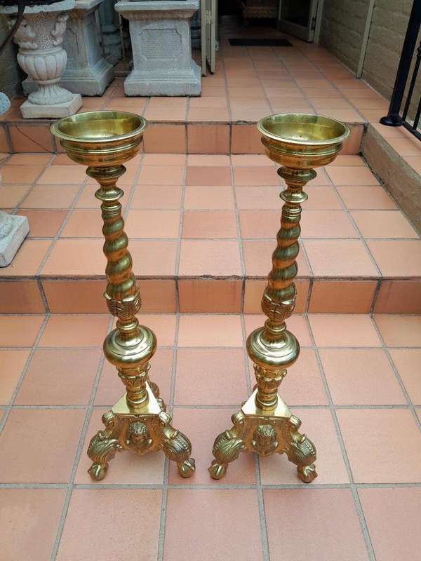 An Antique Rare Pair of 19th Century Style Heavy Brass Candle Holders / Sticks