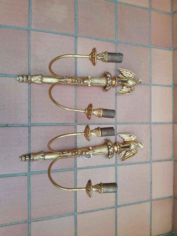 A 20th Century Pair of Gilt Painted Wall Sconces with Eagle