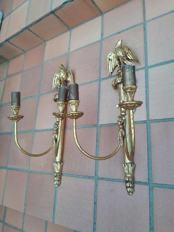 A 20th Century Pair of Gilt Painted Wall Sconces with Eagle