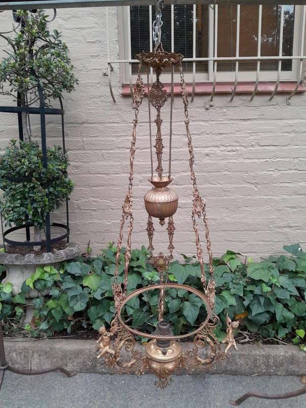 A 19TH Century Victorian Style Gilt Metal Hanging Oil Lamp / Chandelier