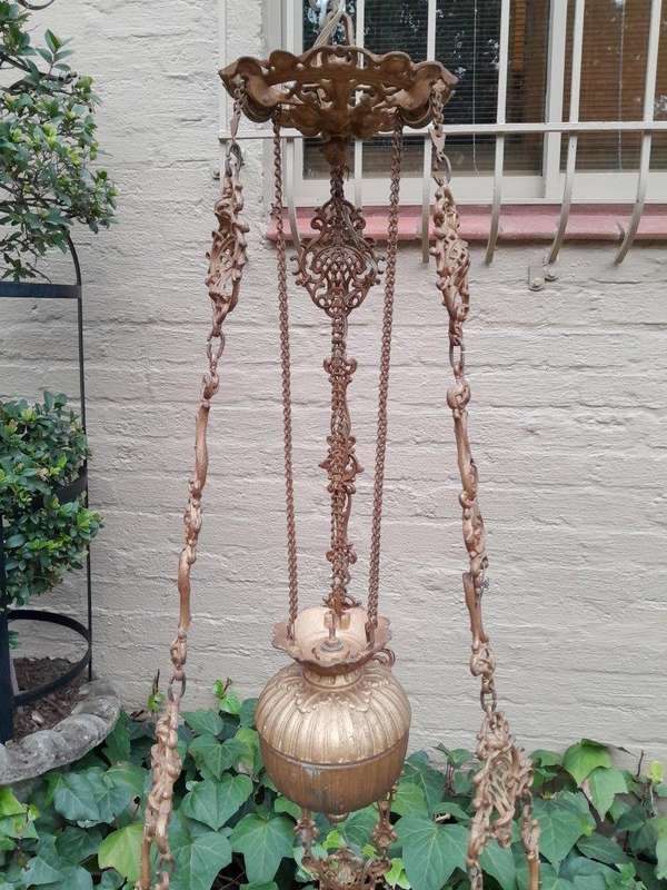 A 19TH Century Victorian Style Gilt Metal Hanging Oil Lamp / Chandelier