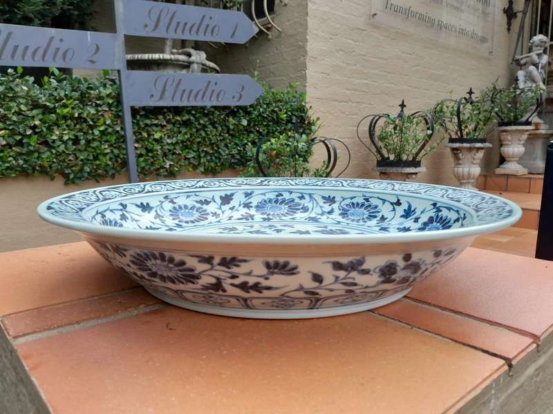 A 20th Century Peony  Blue And White Bowl Of Large Proportion