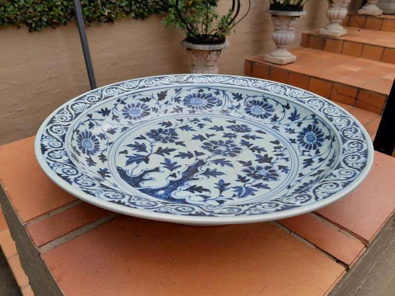 A 20th Century Peony  Blue And White Bowl Of Large Proportion