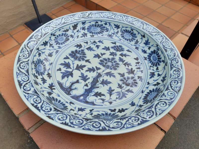 A 20th Century Peony  Blue And White Bowl Of Large Proportion