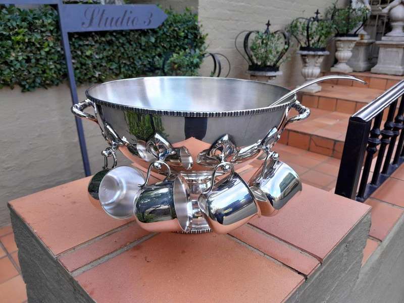 A 20th Century Silver-Plate Punch Bowl With Ladle And Eight Cups