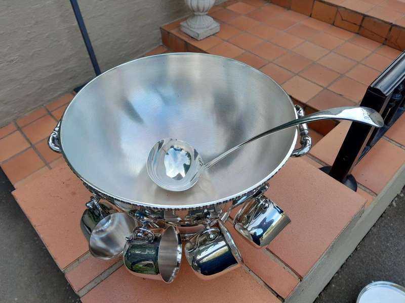 A 20th Century Silver-Plate Punch Bowl With Ladle And Eight Cups