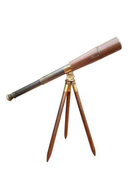 An Antique Rare Original Brass Telescope On Brass & Mahogany Tripod Stand